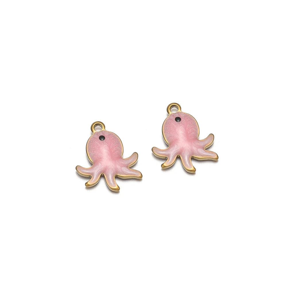 Pink enamel octopus charms with gold-tone loop, two pendant figures