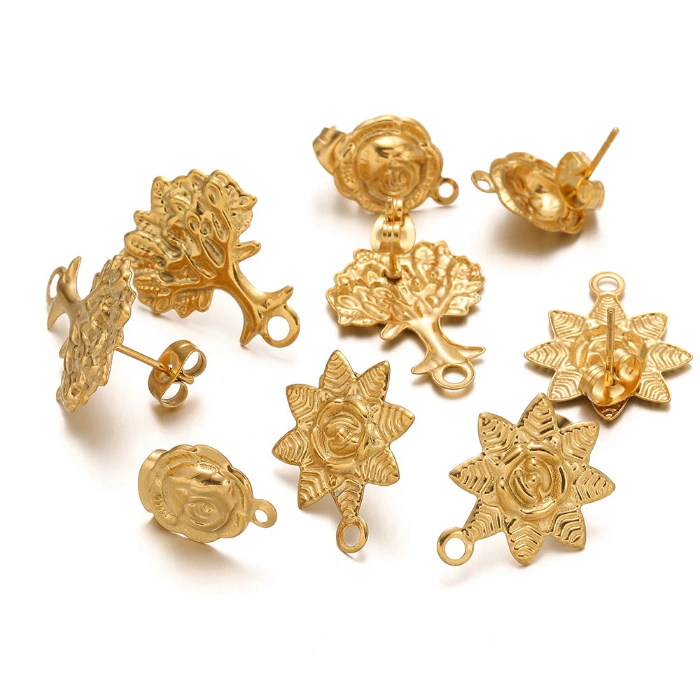 Gold-toned sunflower stud earring charms with loop hooks, assorted shapes, 10pcs