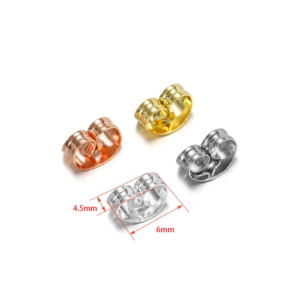 Earring back stoppers with butterfly clutch design in gold and silver; size markings shown