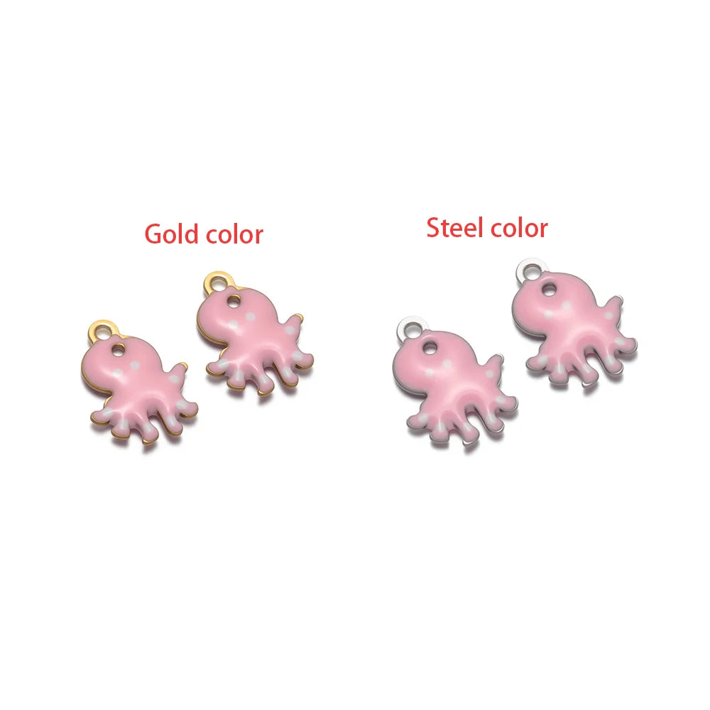 Pink octopus enamel charms in gold and steel metal colors, two matching pieces