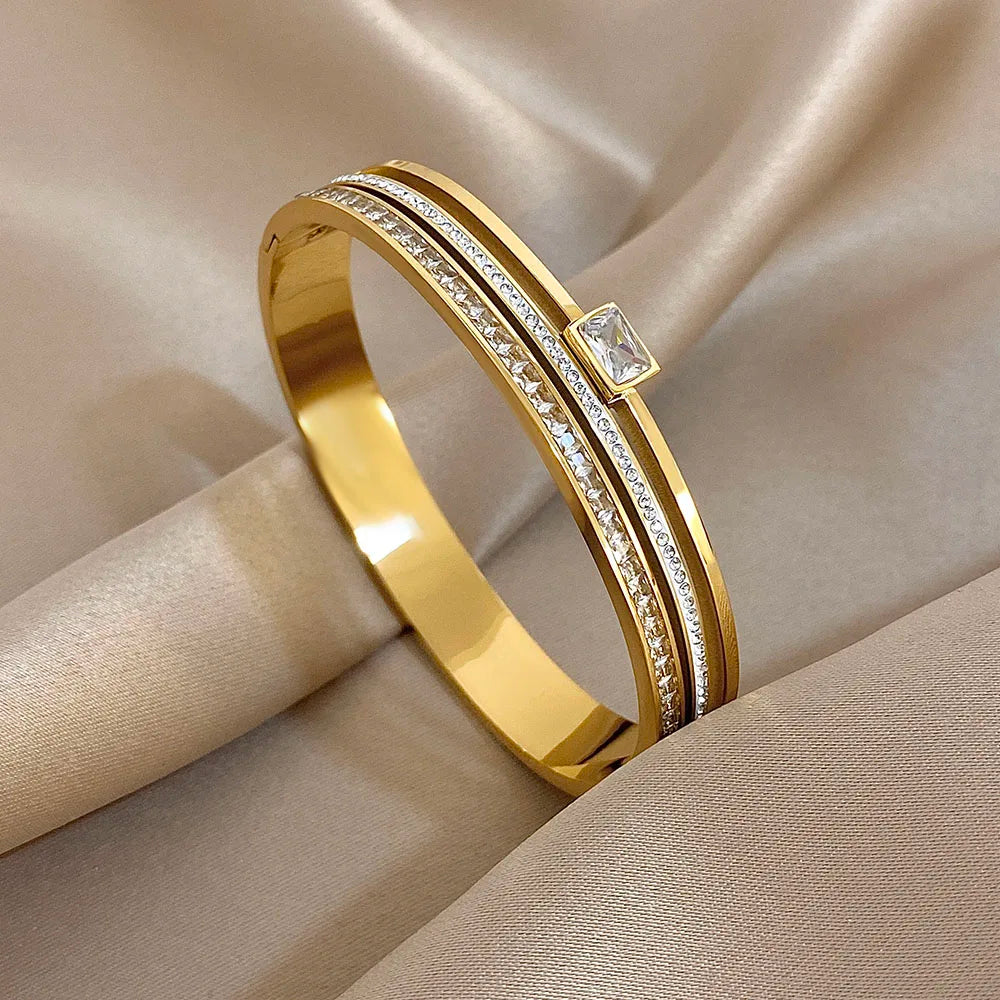 Rhinestone Star Layered Wristband Bangle Chunky Jewelry Gold Color Stainless Steel Cuff Bracelet for Women