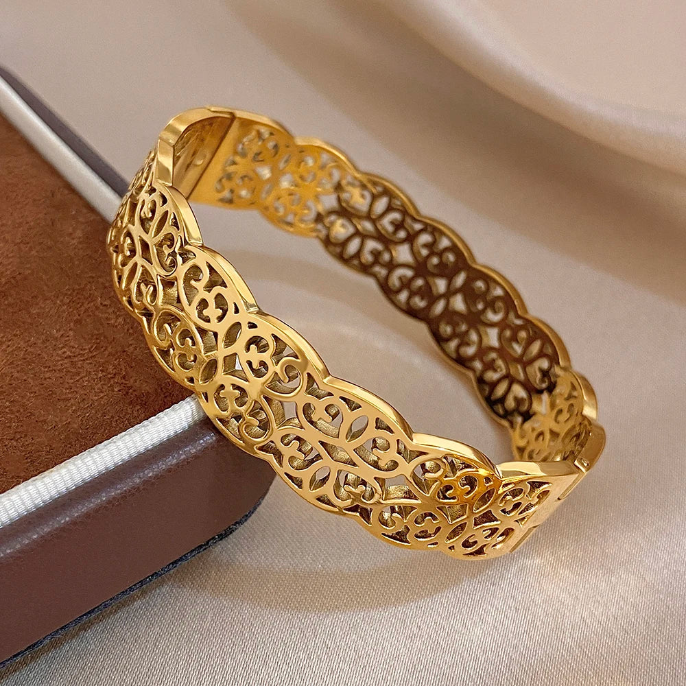 Vintage Gold Plated Stainless Steel Cuff Bangle Bracelets for Women Glossy Hollow Carved Flower Wide Bangles Waterproof Jewelry