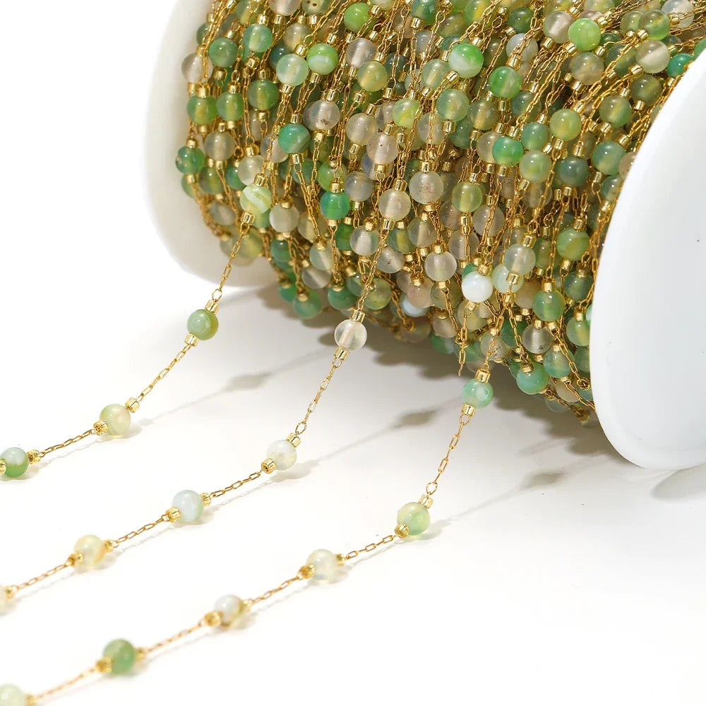 Stainless steel bead chain with gold-tone links and green bead drops for DIY jewelry