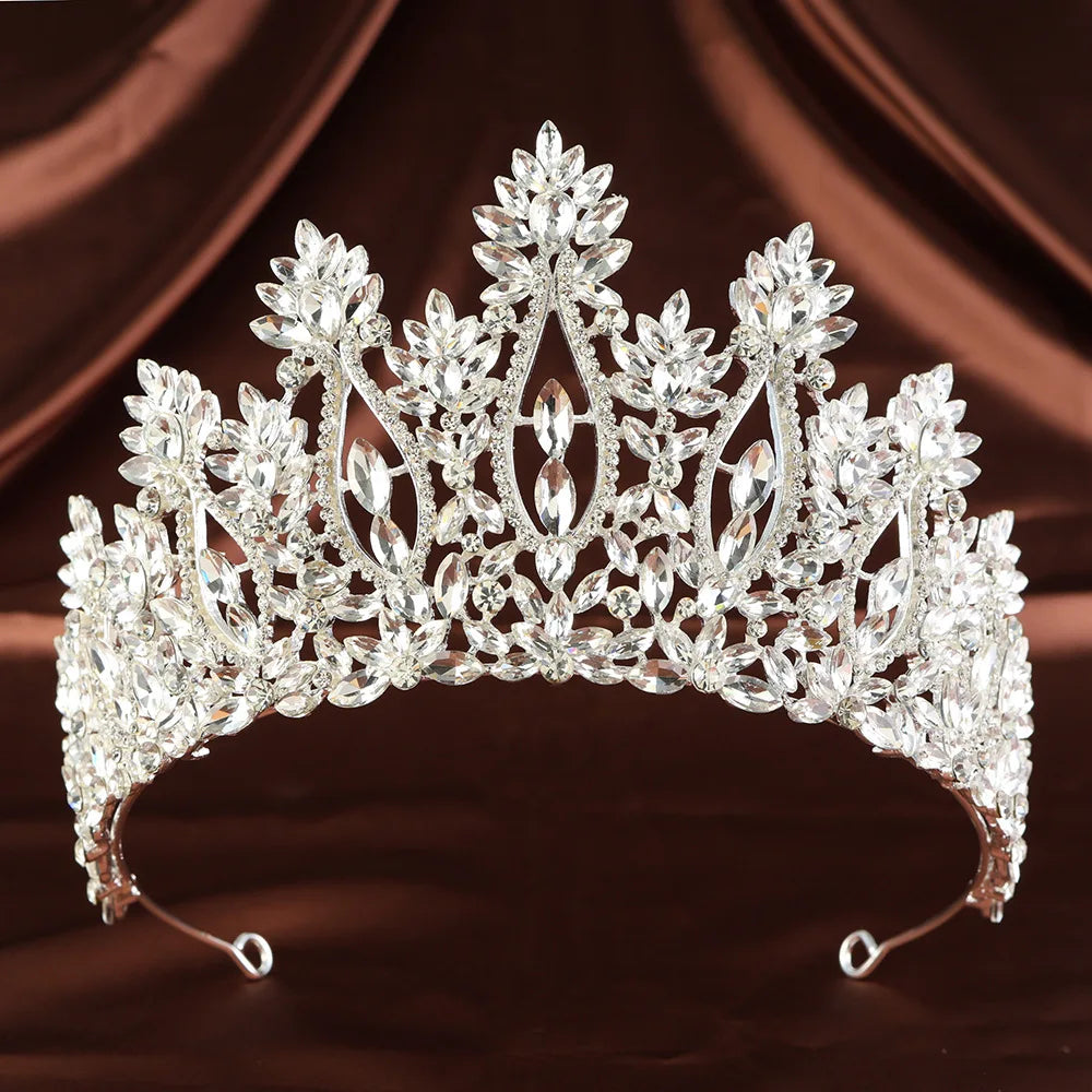 Silver rhinestone tiara with faceted crystal floral crown and curved headband