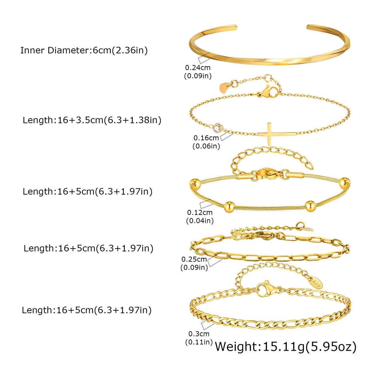 Five-piece gold bracelet set with cuff, chain, and cross charm styles