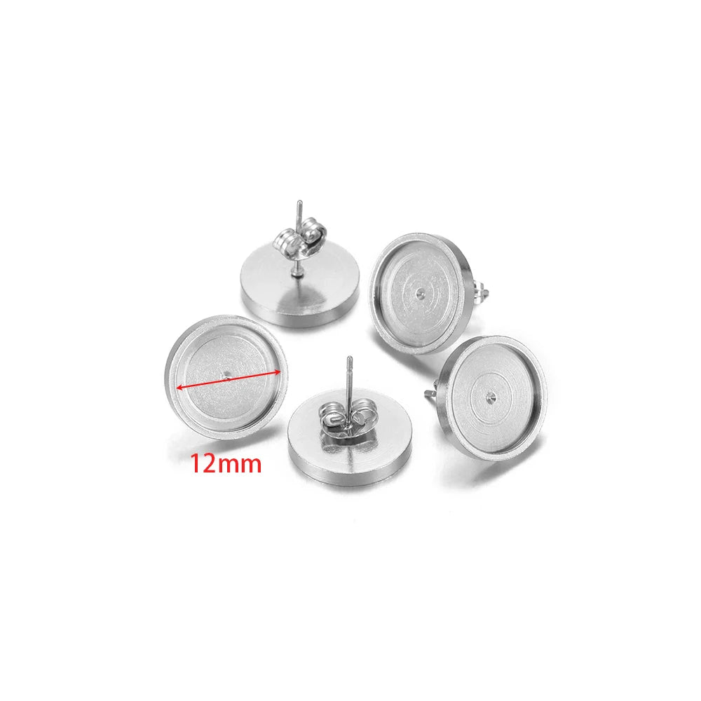 Stainless steel stud earring bases, 12mm flat cabochon settings (20 pcs)