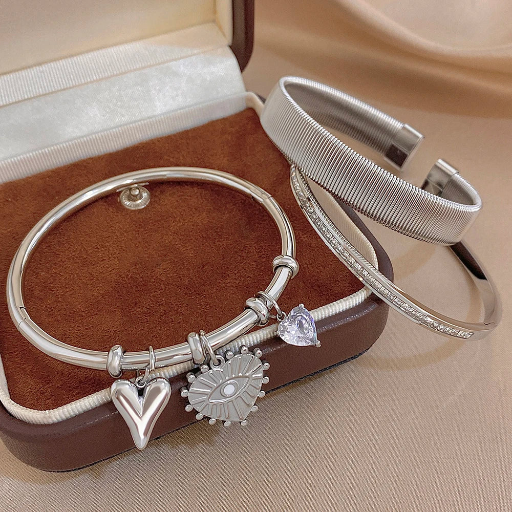 Trendy Silver Color Stainless Steel Cuff Bangle for Women Chunky Zircon Heart Charms Stacked Bracelets Waterproof Jewelry