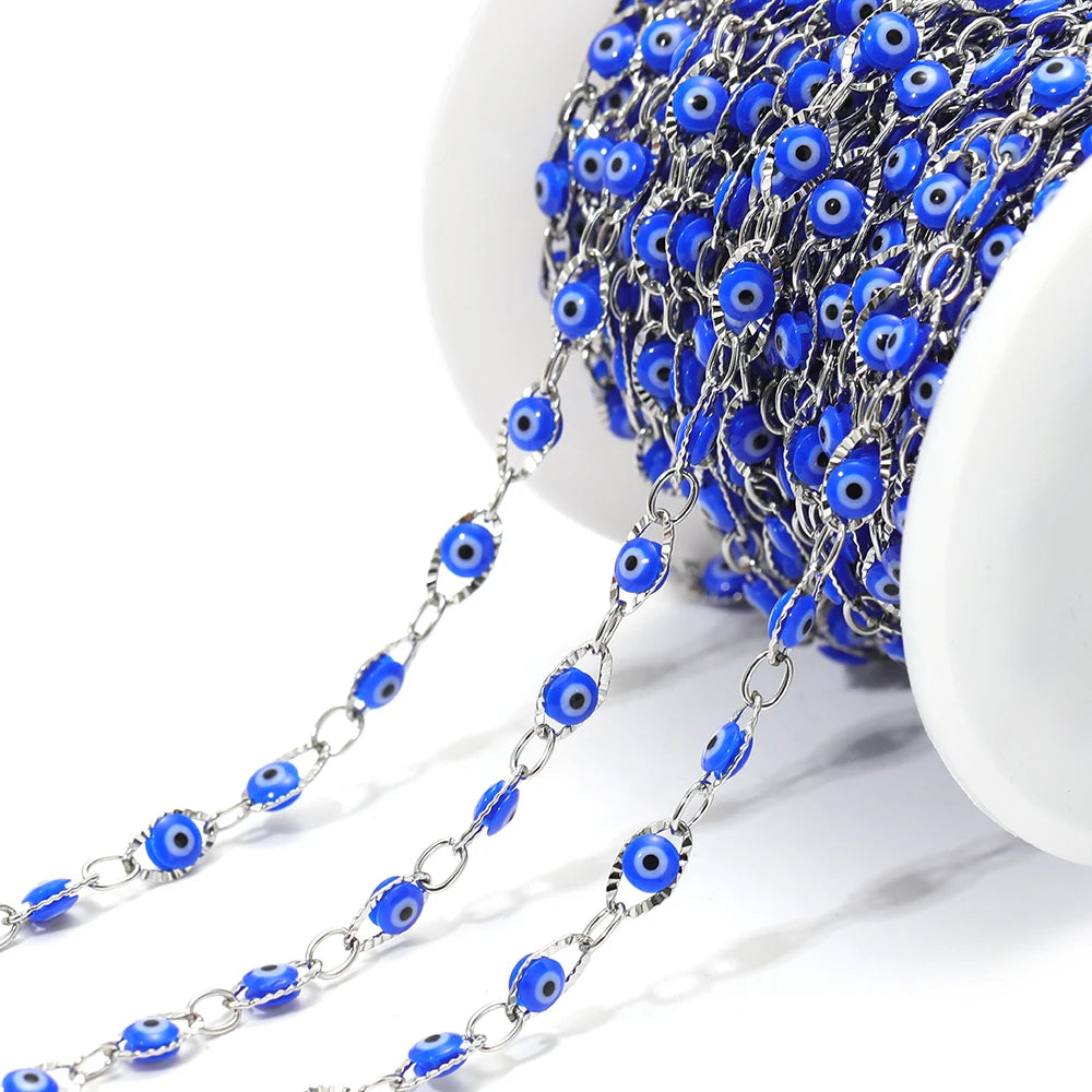 Evil eye bead chain with silver links and blue eye charms