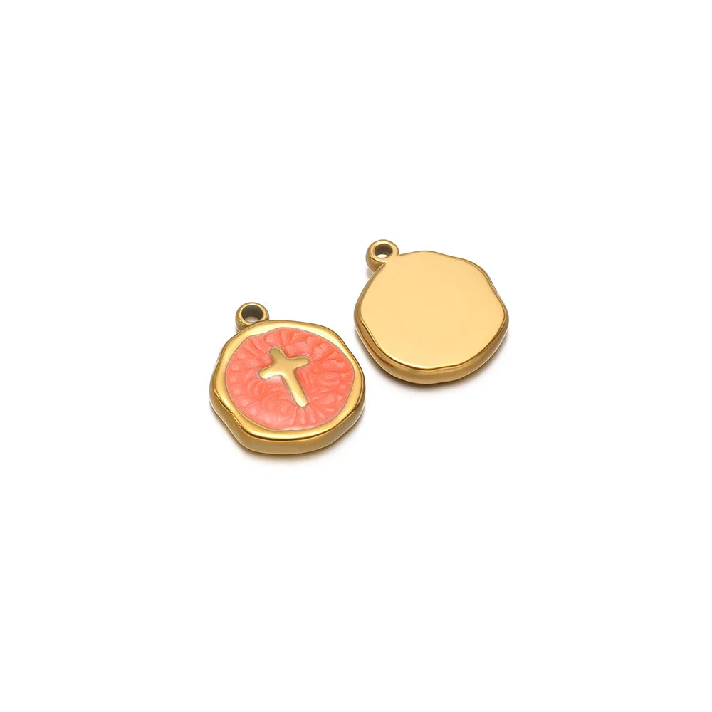 Round enamel charm pendant with gold border, coral cross design and plain gold charm