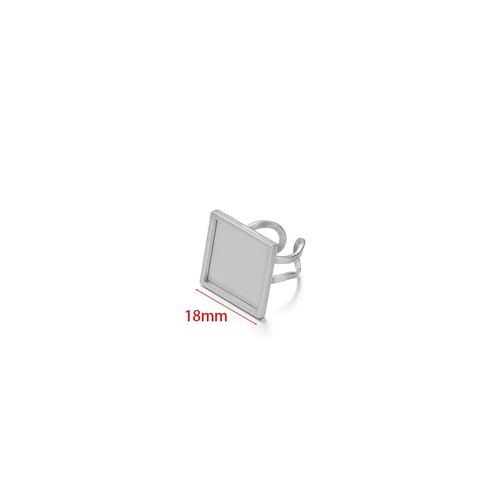Silver-tone square open cabochon ring base, 18mm bezel size
