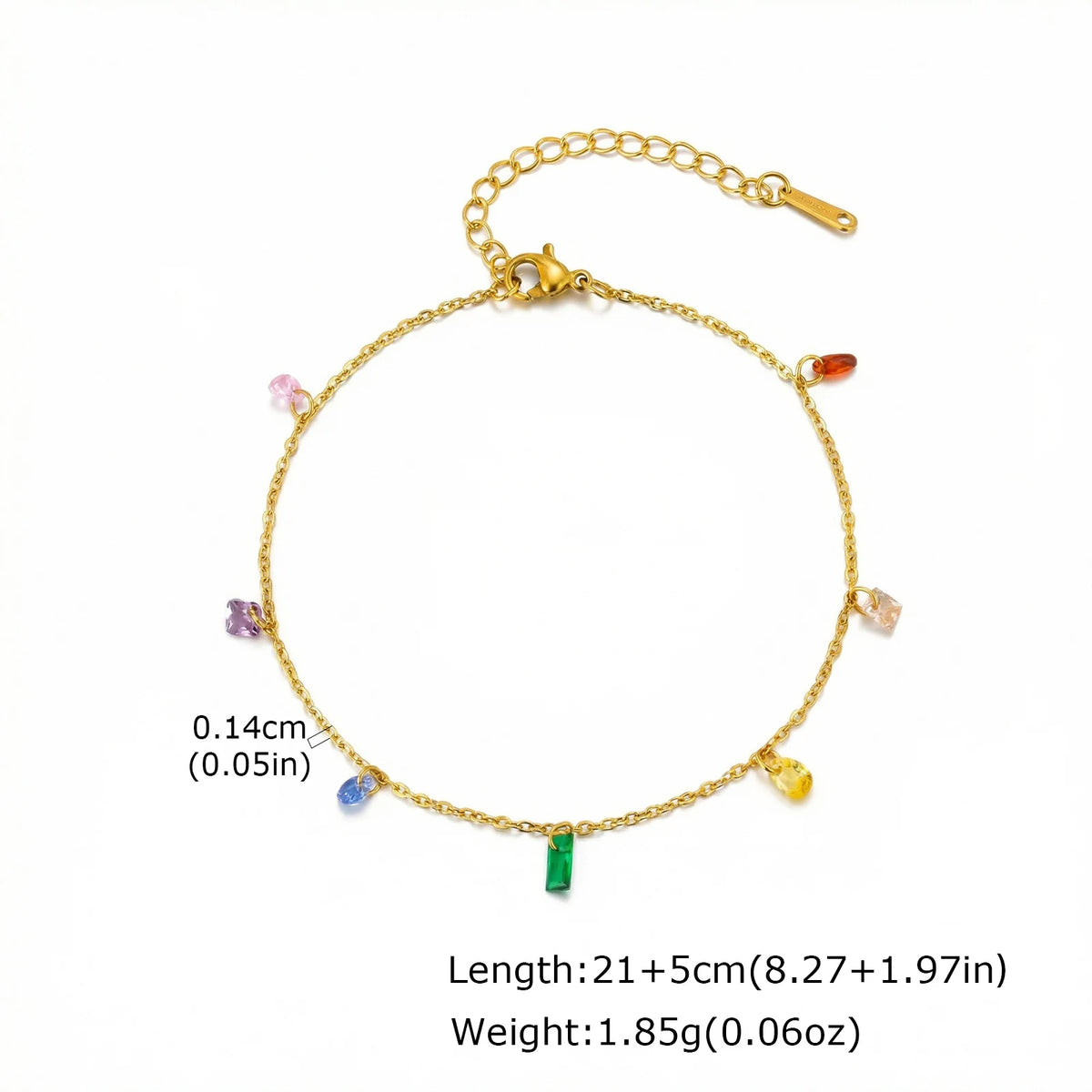 Multicolor heart beaded anklet with gold chain, small charm hearts, and hanging heart