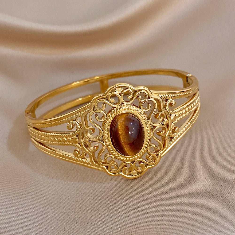 Retro Gold Plated Stainless Steel Cuff Bangle for Women Exaggerated Carved Flower Tiger's Eye Stone Bracelets Waterproof Jewelry