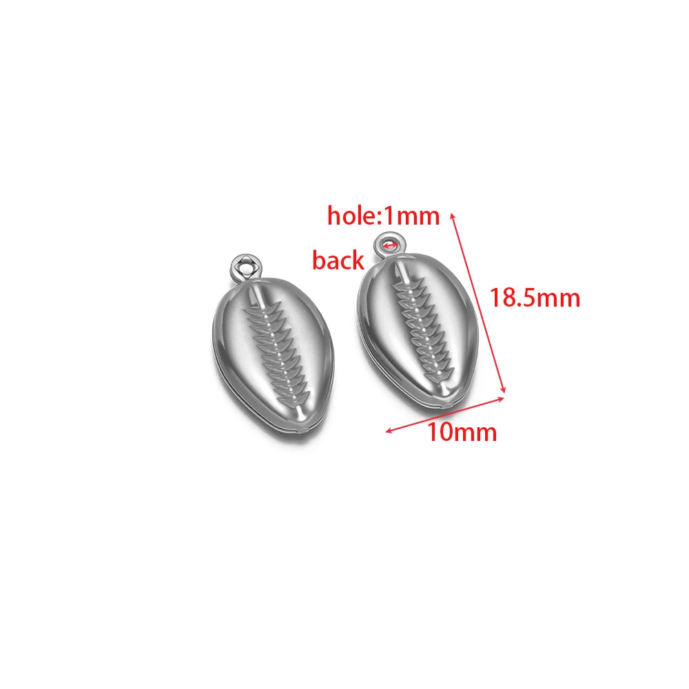 Silver-toned fish-scale oval hollow charms with loop, size-labeled diagram