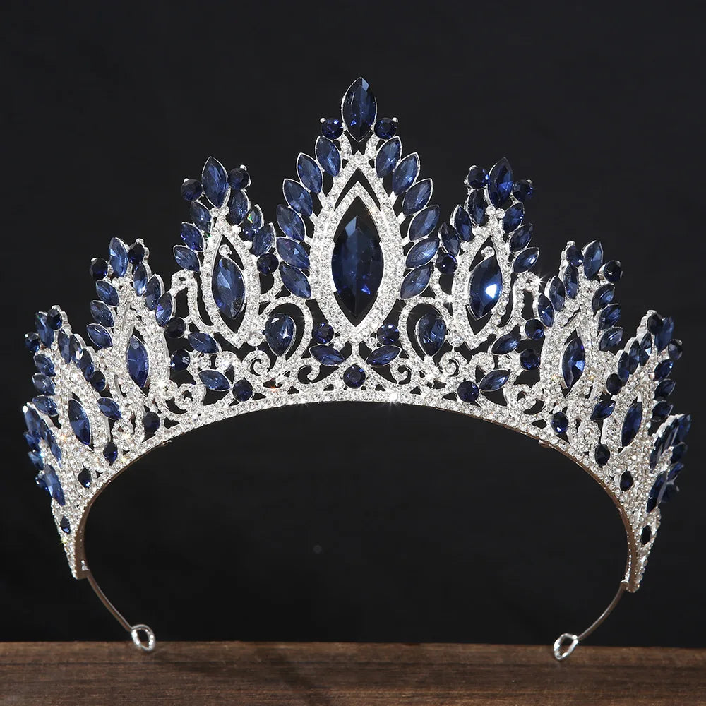 Dark blue rhinestone tiara headband with oval stones and ornate silver-tone setting