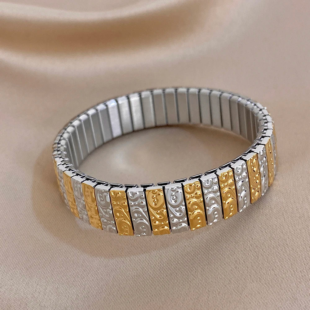 Irregular Geometric Textured Wide Bangle Bracelets Vintage Chunky Stainless Steel Elastic Watchband Bracelet Waterproof Jewelry
