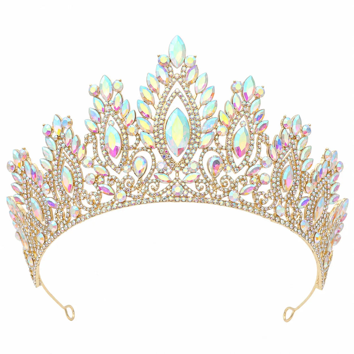 Iridescent rainbow rhinestone tiara headband with oval stones and gold-tone base