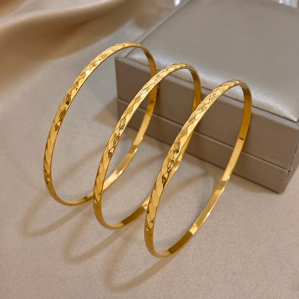 1pc/3pcs Hammered Gold Plated Stainless Steel Bangle for Women Shiny Geometric Slim Stackable Bracelets Waterproof Jewelry