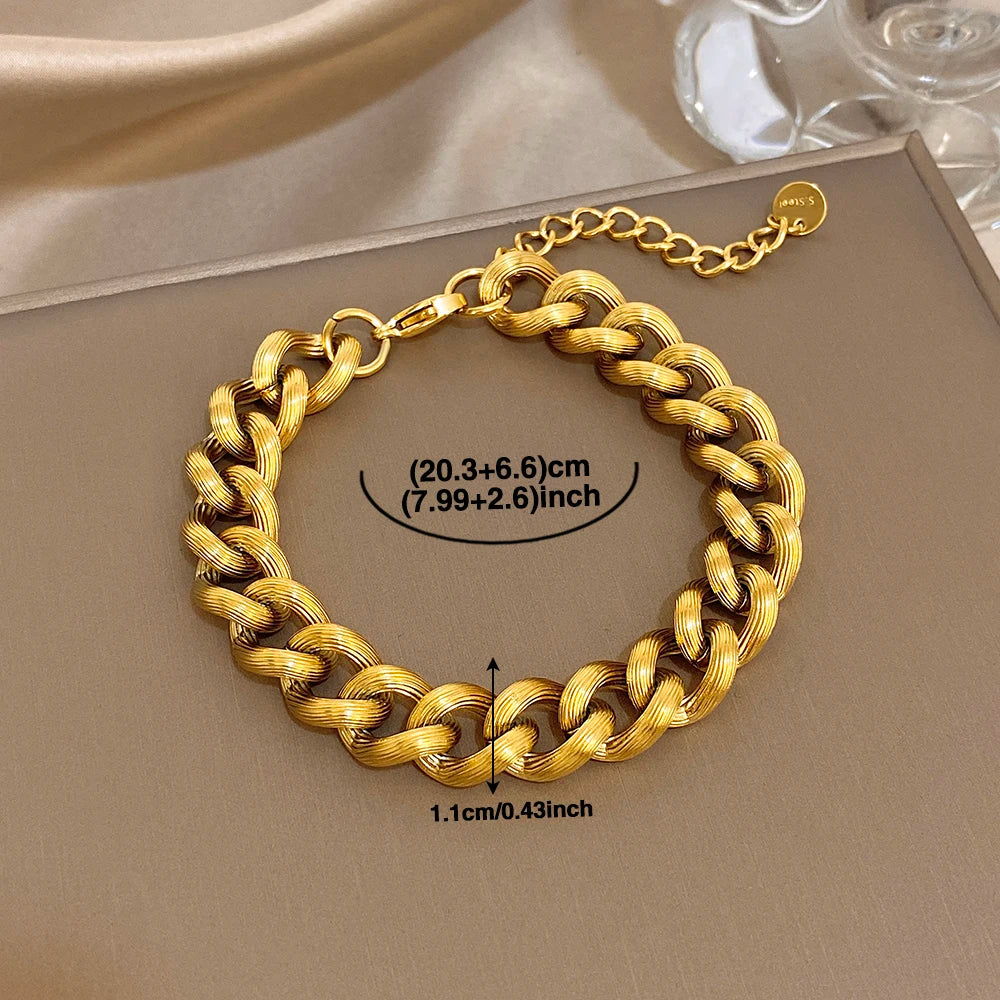 Vintage Geometric Woven Textured Thick Chain Bracelet Classic Stainless Steel Gold Plated Wrist Bracelets Waterproof Jewelry