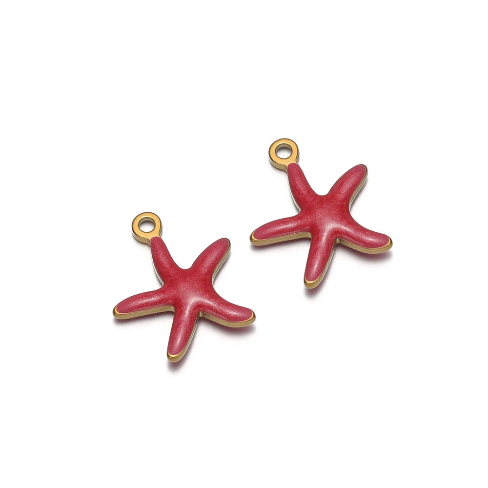 Red starfish pendant charms with gold-tone loops for earring or necklace DIY