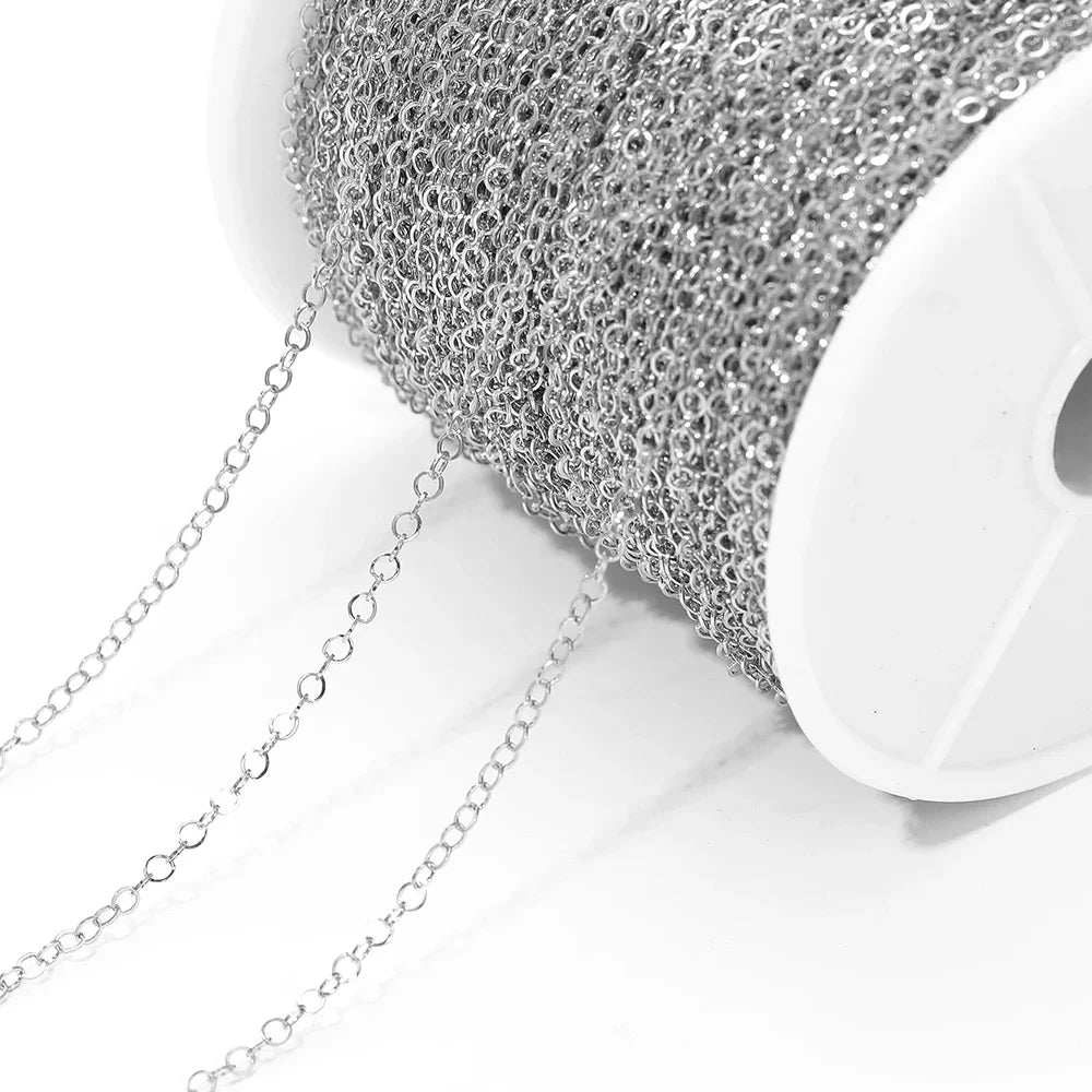 Silver o-ring chain on white spool, close-up of loop links