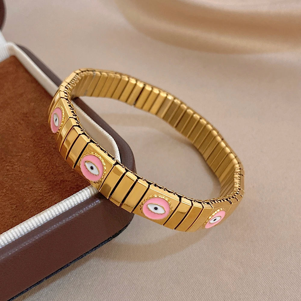 Chunky Gold Plated Stainless Steel Watch Band Bracelet Colorful Enamel Round Evil Eye Wide Bangle Bracelets Waterproof Jewelry
