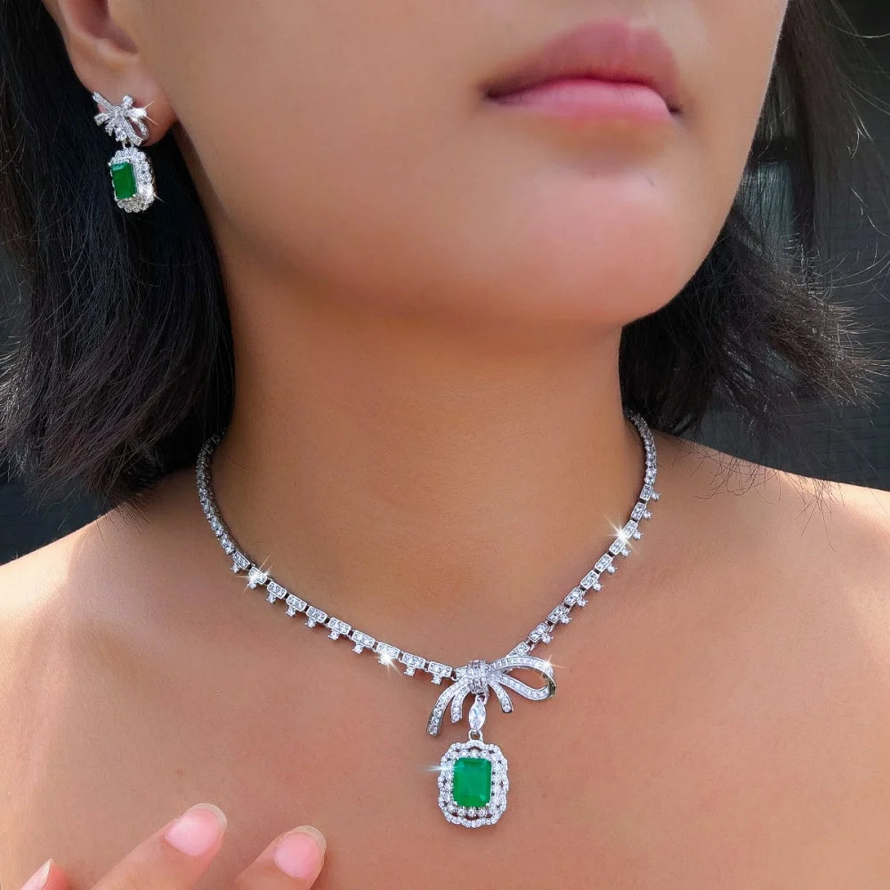 Green CZ ribbon bow necklace with matching rectangle-green dangle earring set