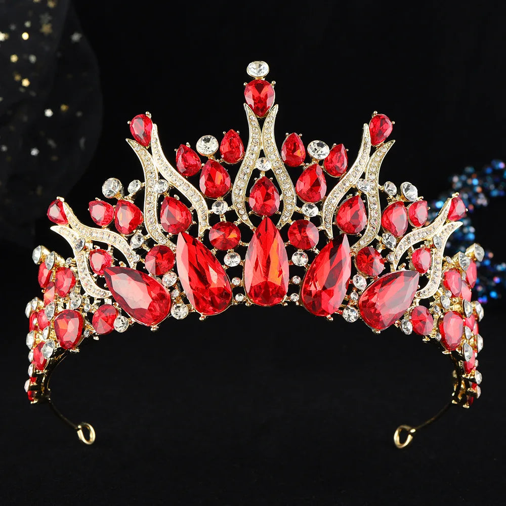 Rhinestone tiara headpiece with red crystals and ornate crown with teardrop accents
