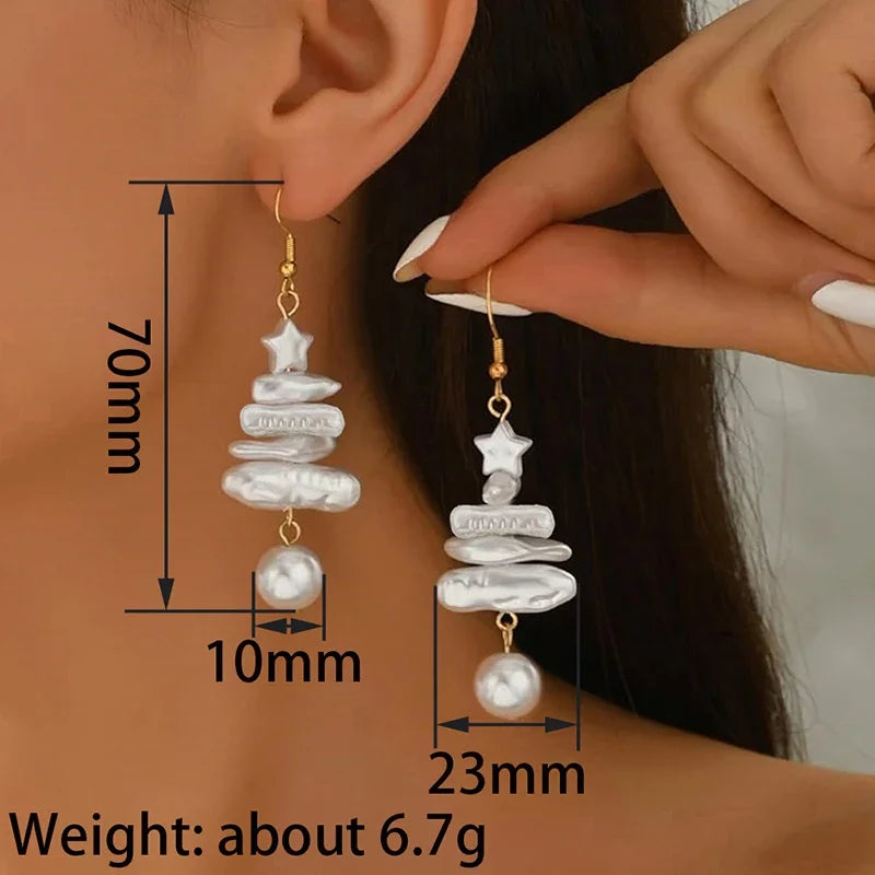 Tree star drop earrings with faux pearl dangles, gold-tone hooks