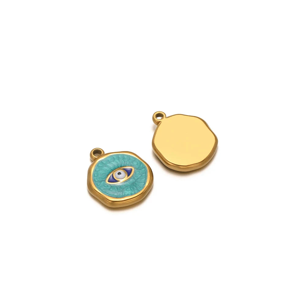 Gold teardrop charm with loop bail and turquoise evil-eye enamel round charm pendant