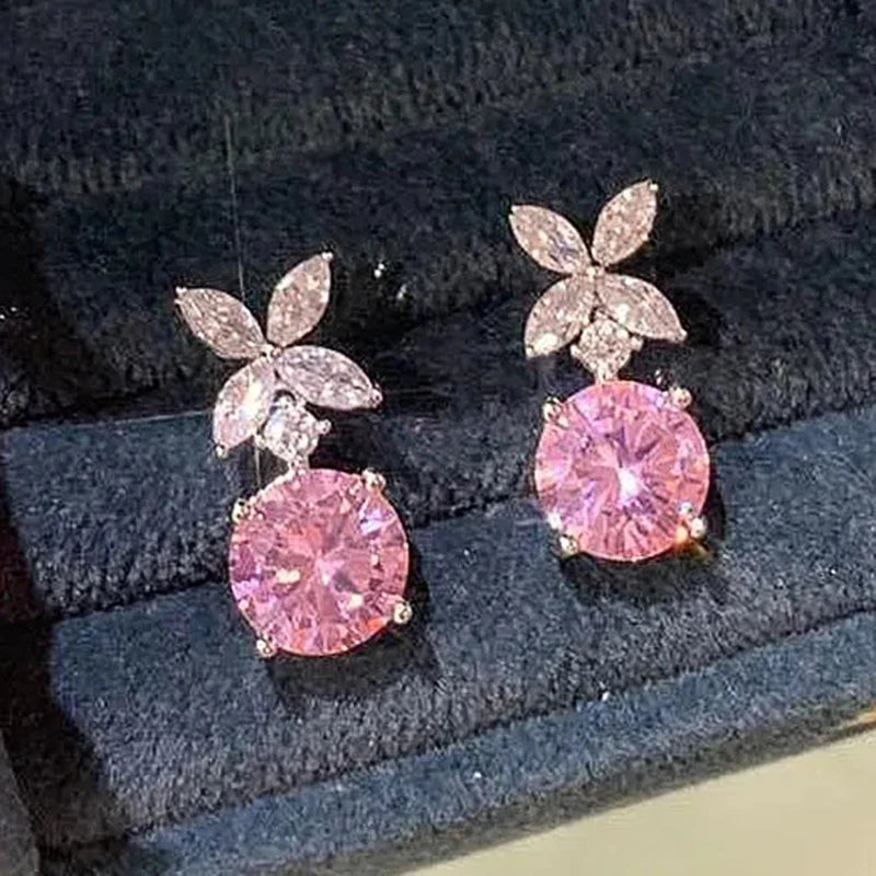 Silver Color Pink Cubic Zirconia Flower Dangle Earrings for Women m32