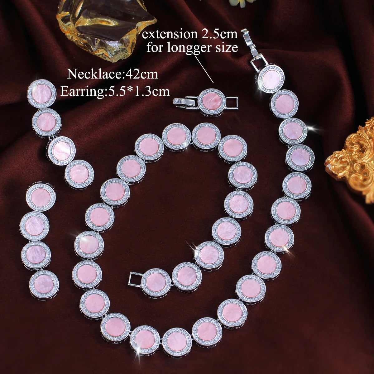 Pink oval link necklace with matching drop earrings, silver-tone bezels