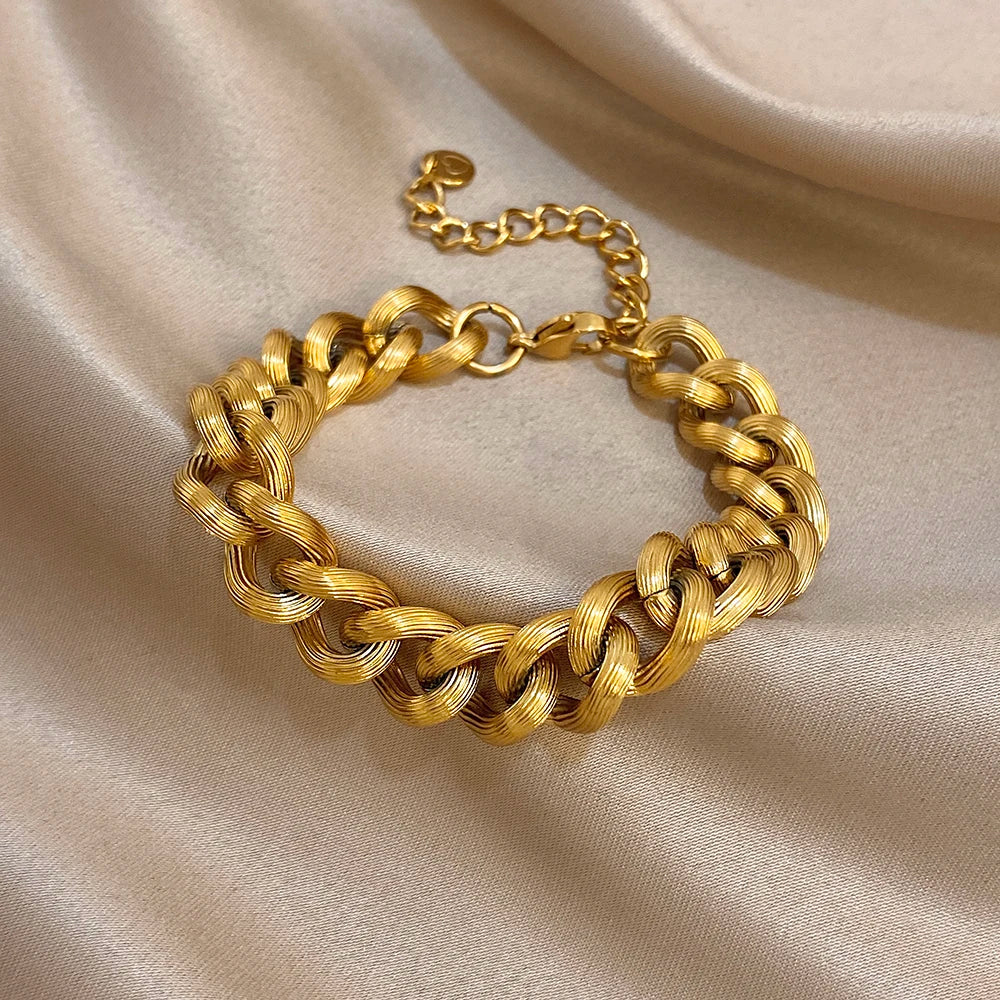 Vintage Geometric Woven Textured Thick Chain Bracelet Classic Stainless Steel Gold Plated Wrist Bracelets Waterproof Jewelry