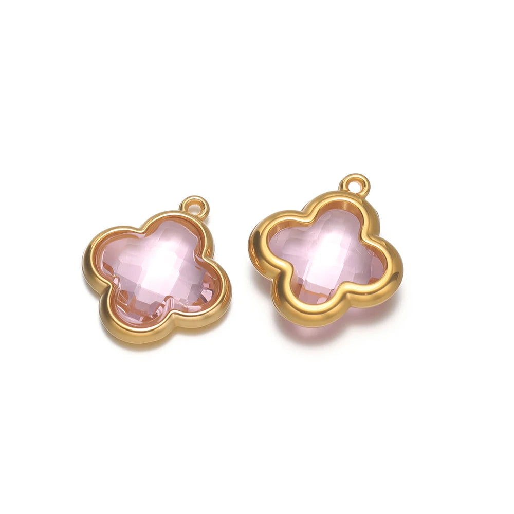 Clover glass pendant charm, pink stone with gold-tone frame and connector loops