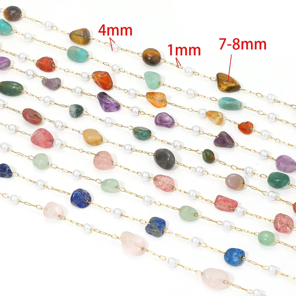 Multi-color irregular stone bead chain with pearl accents and gold-toned links, assorted sizes