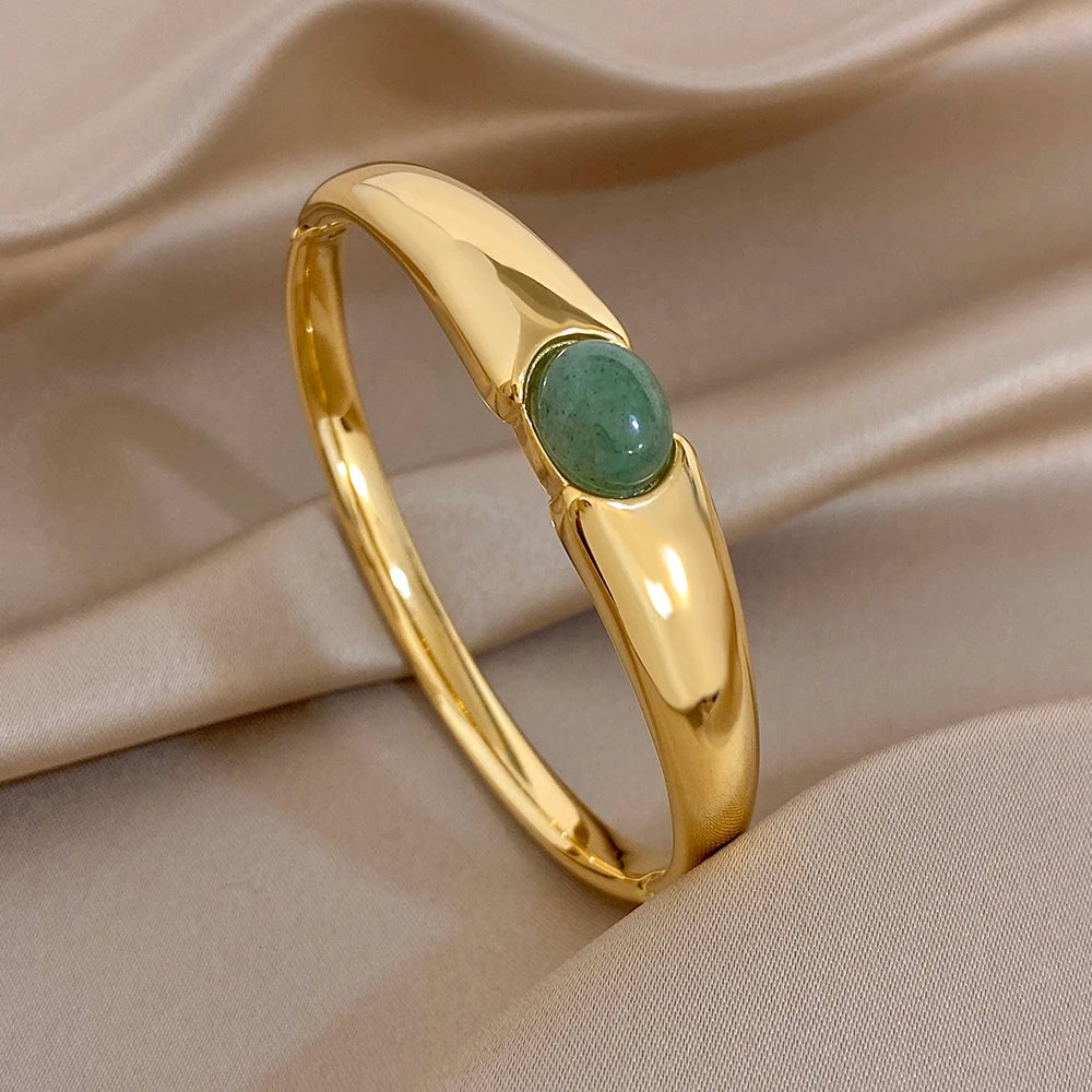 Vintage Gold Plated Stainless Steel Cuff Bangle for Women Men Glossy Geometric Zircon Wide Bracelets Waterproof Jewelry