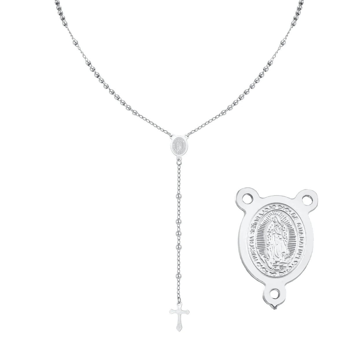Silver-tone rosary necklace with Virgin Mary medal and cross pendant, Y-shaped chain