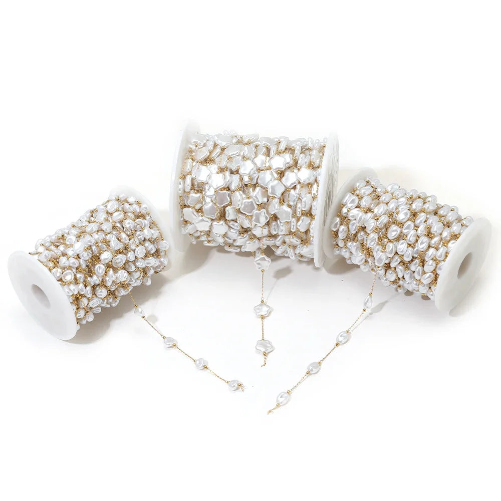 White artificial pearl chain spools with gold-tone wire, plus pearl connector strand
