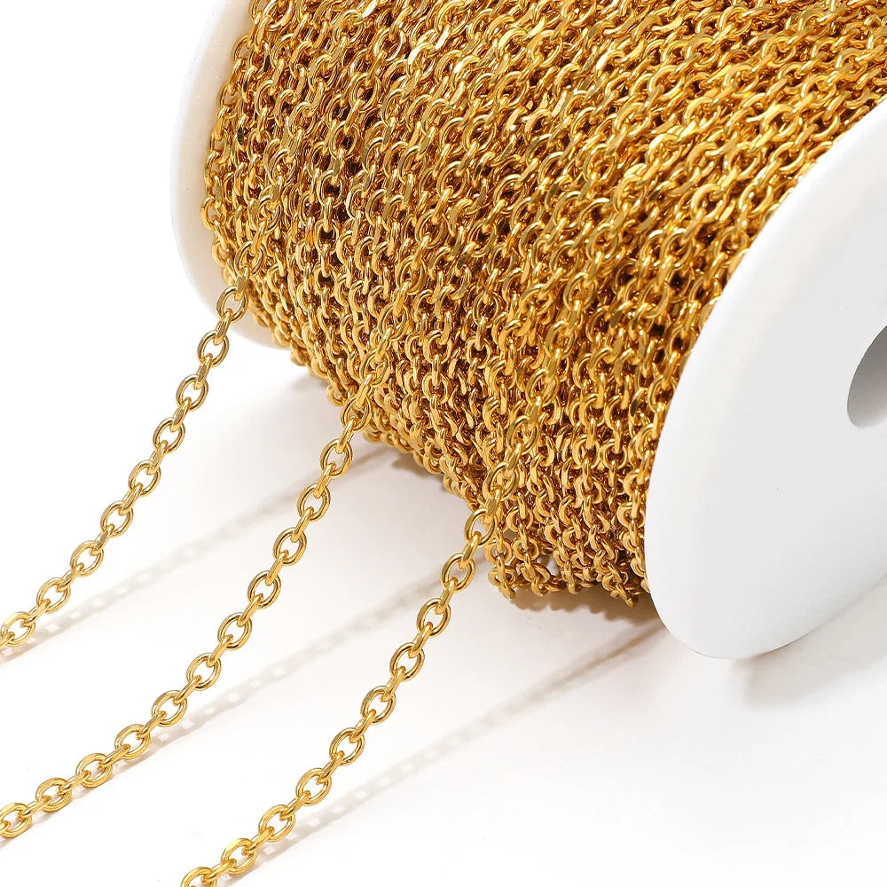 Gold O-link chain strand draped from white spool, interlocking oval links