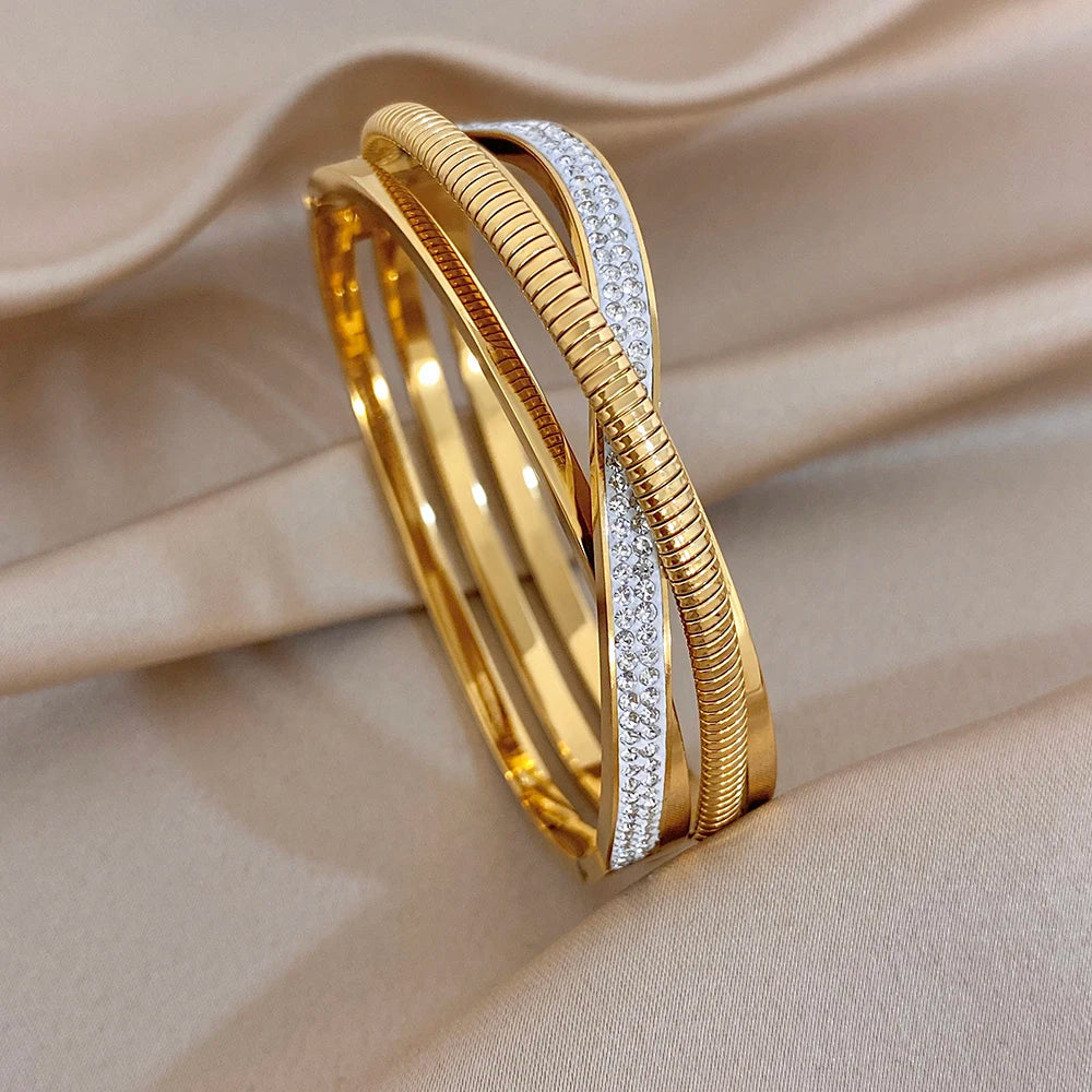 Chunky Gold Plated Stainless Steel Bangle Bracelets Exaggerated Hollow Geometric Textured Cuff Bangles Waterproof Jewelry Set