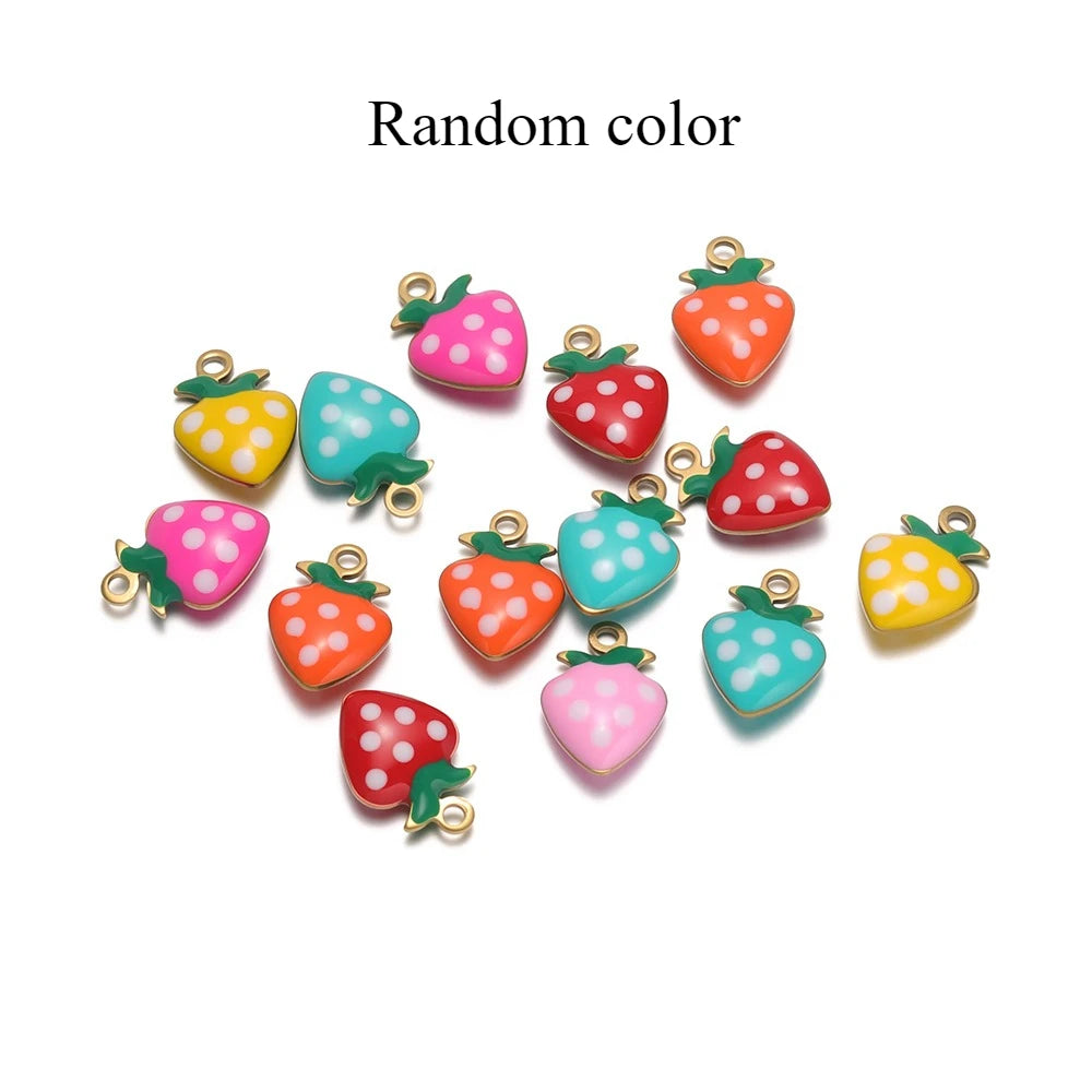 Assorted strawberry drop charms with gold-tone loops and polka-dot enamel in mixed colors