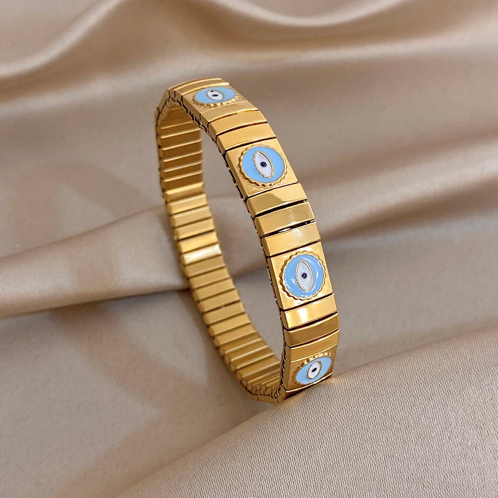 Chunky Gold Plated Stainless Steel Watch Band Bracelet Colorful Enamel Round Evil Eye Wide Bangle Bracelets Waterproof Jewelry