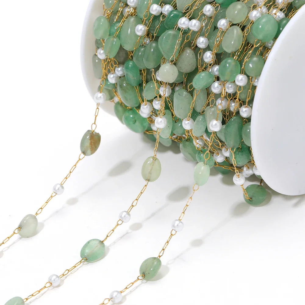 Irregular green stone bead chain with white pearl drops and gold-link connectors