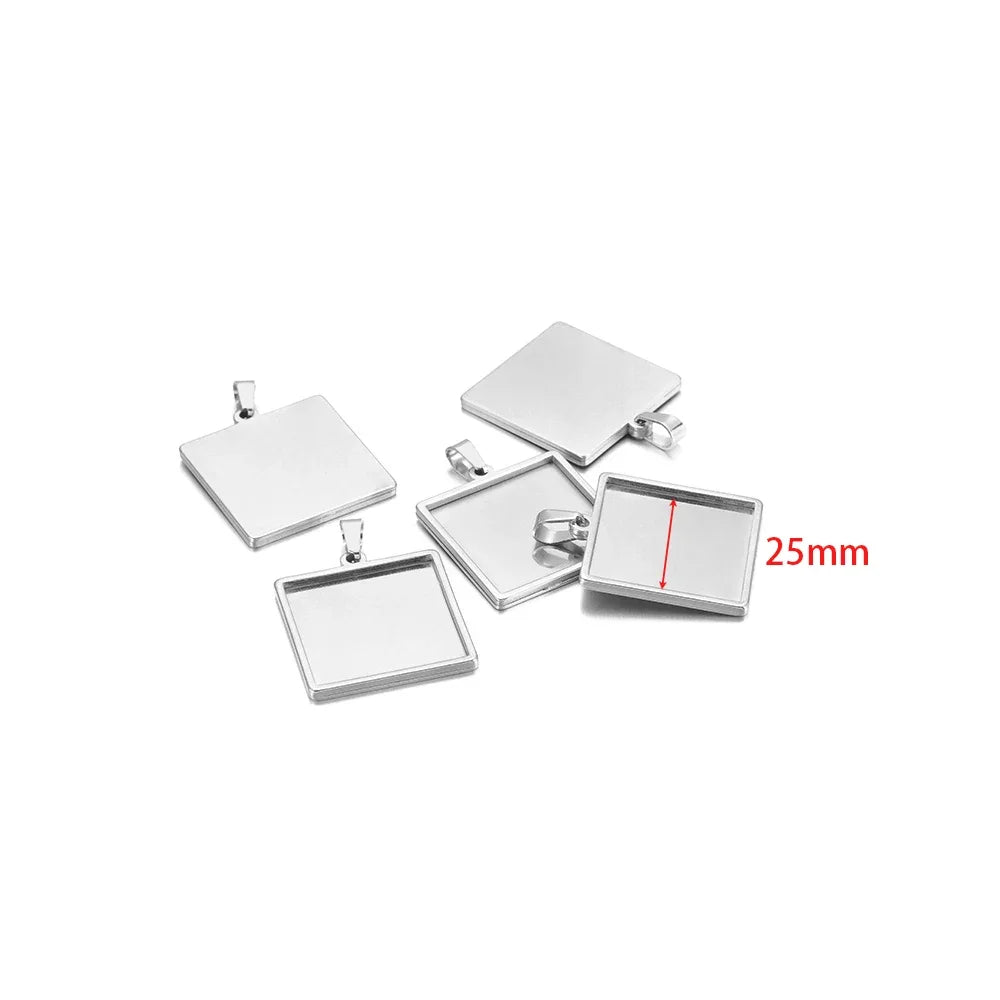 Silver square pendant cabochon base setting tray charms, 25mm size (5-pack)