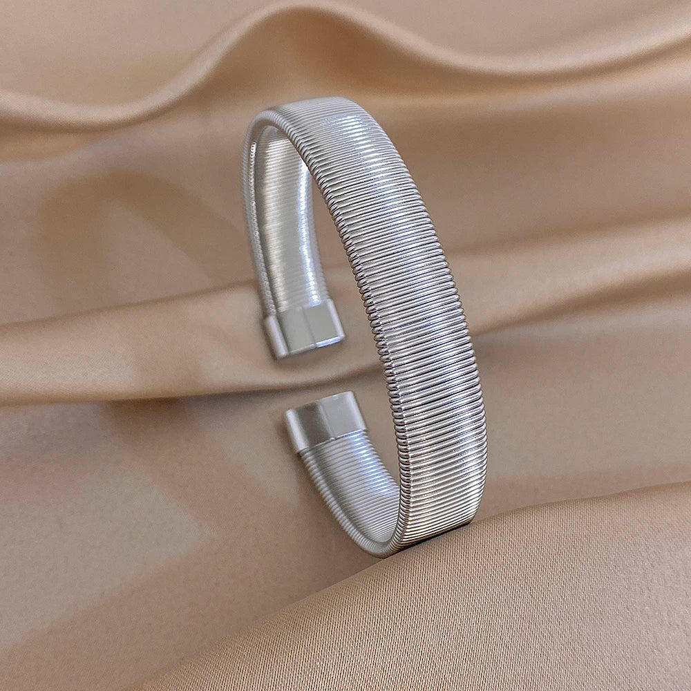 Trendy Silver Color Stainless Steel Cuff Bangle for Women Chunky Zircon Heart Charms Stacked Bracelets Waterproof Jewelry