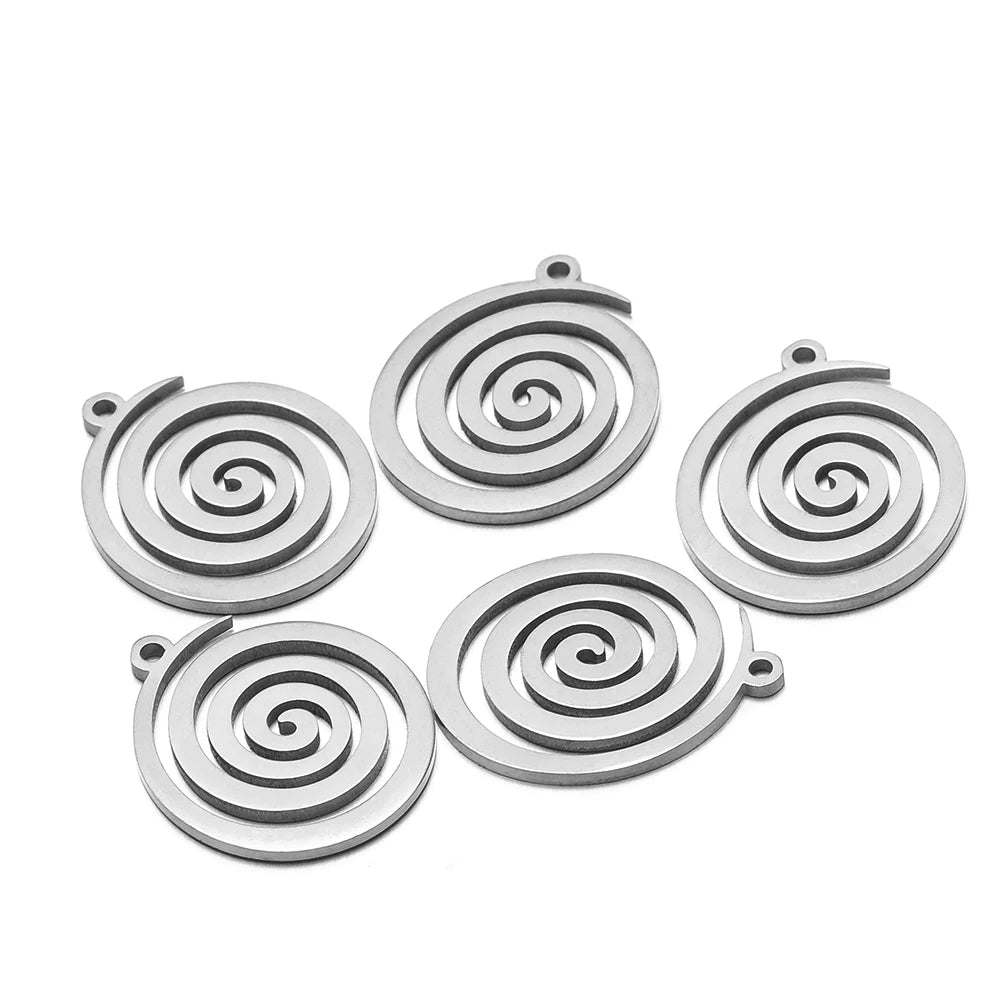 Silver-toned spiral round charm pendants with top loop bail, swirl pattern, set of 5