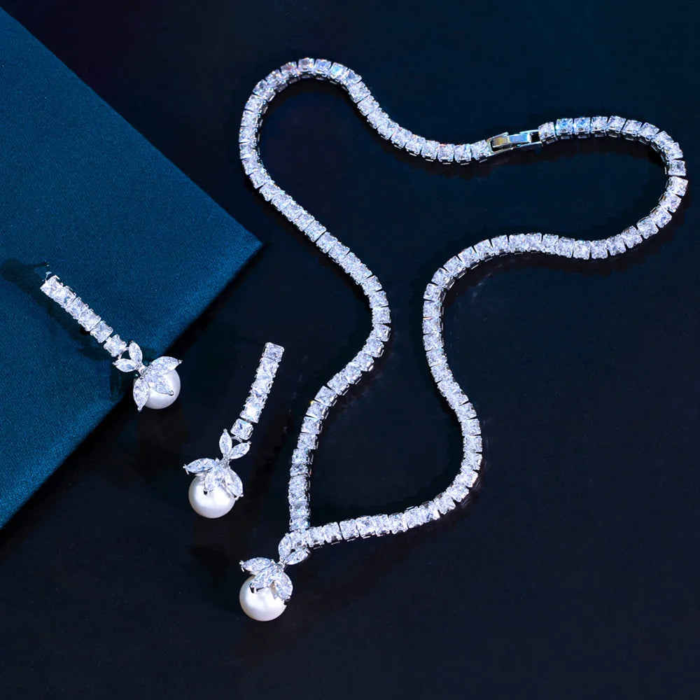 Shiny Cubic Zircon Pearl Necklace Earrings Costume Jewelry Sets for Women Party Bridal Wedding