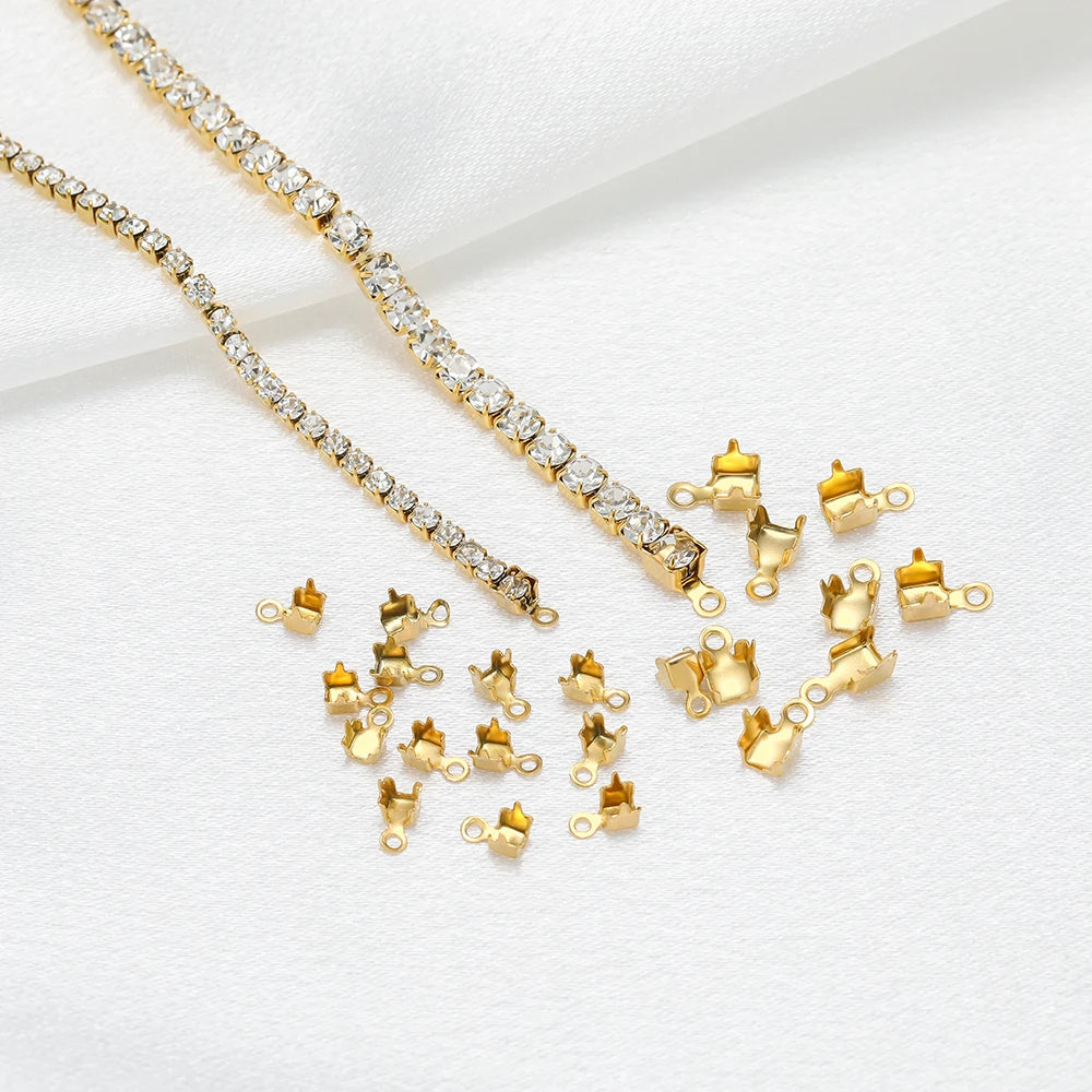 Gold cord end crimp clasps with cubic zircon chain strand and small connector parts