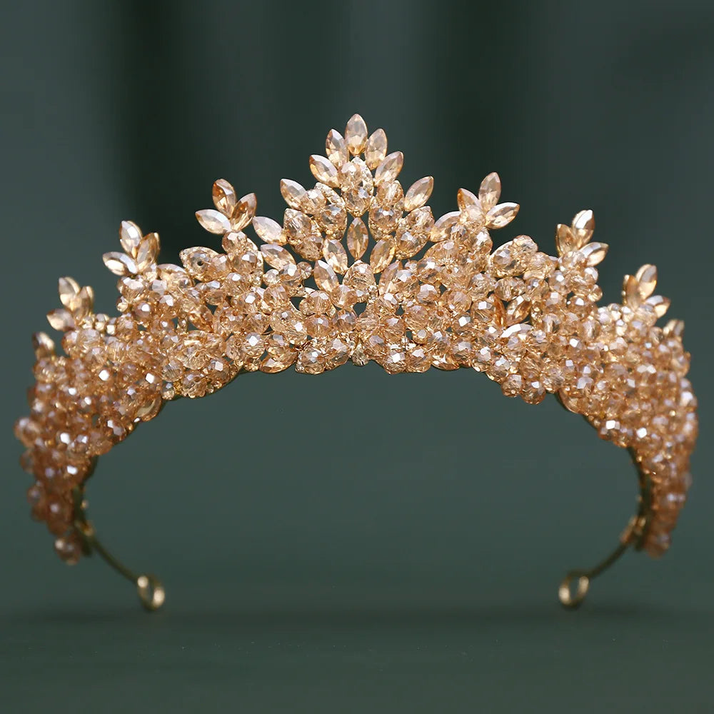 Large bridal tiara with champagne gold crystal flower crown and gold-tone headband