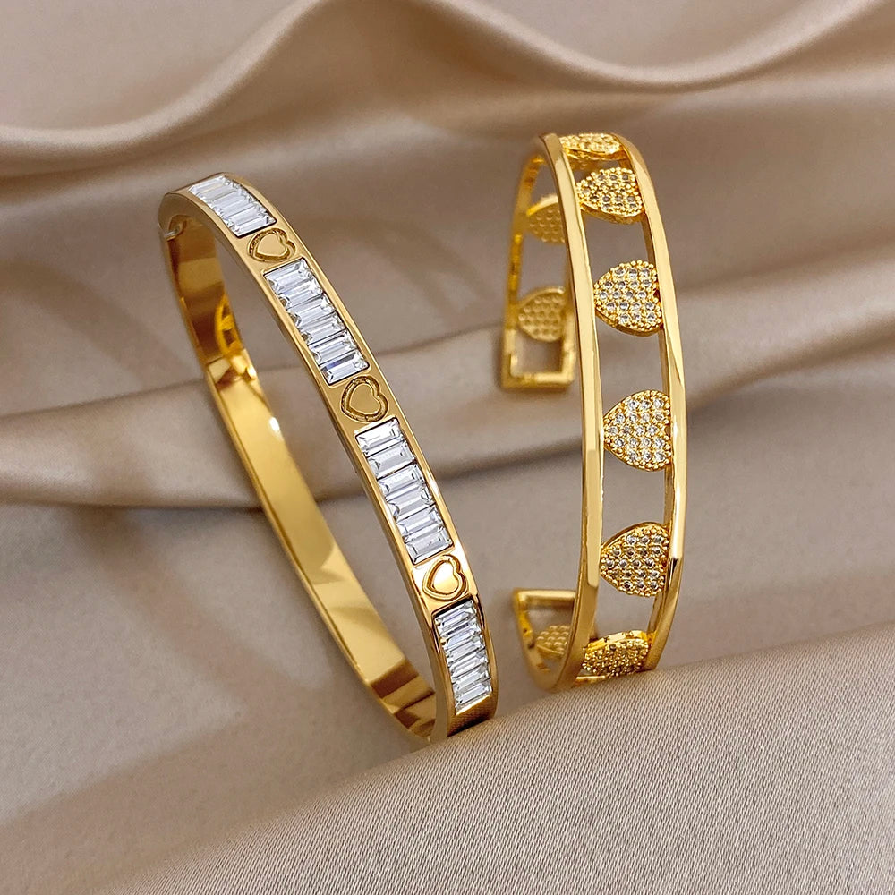 Gold heart zirconia stackable cuff bangles, smooth hinges with clear stone rows