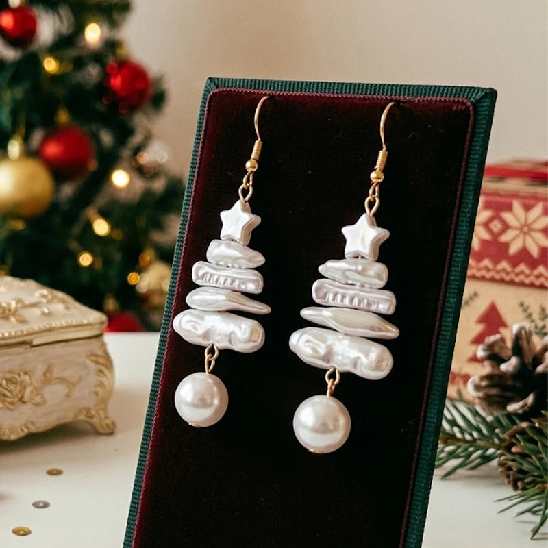 Star and layered tree drop earrings with faux pearls, gold-tone hooks